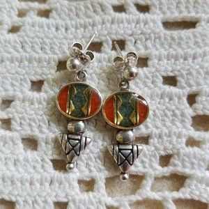 925 Sterling Orange/Green/Gold Etched Earrings